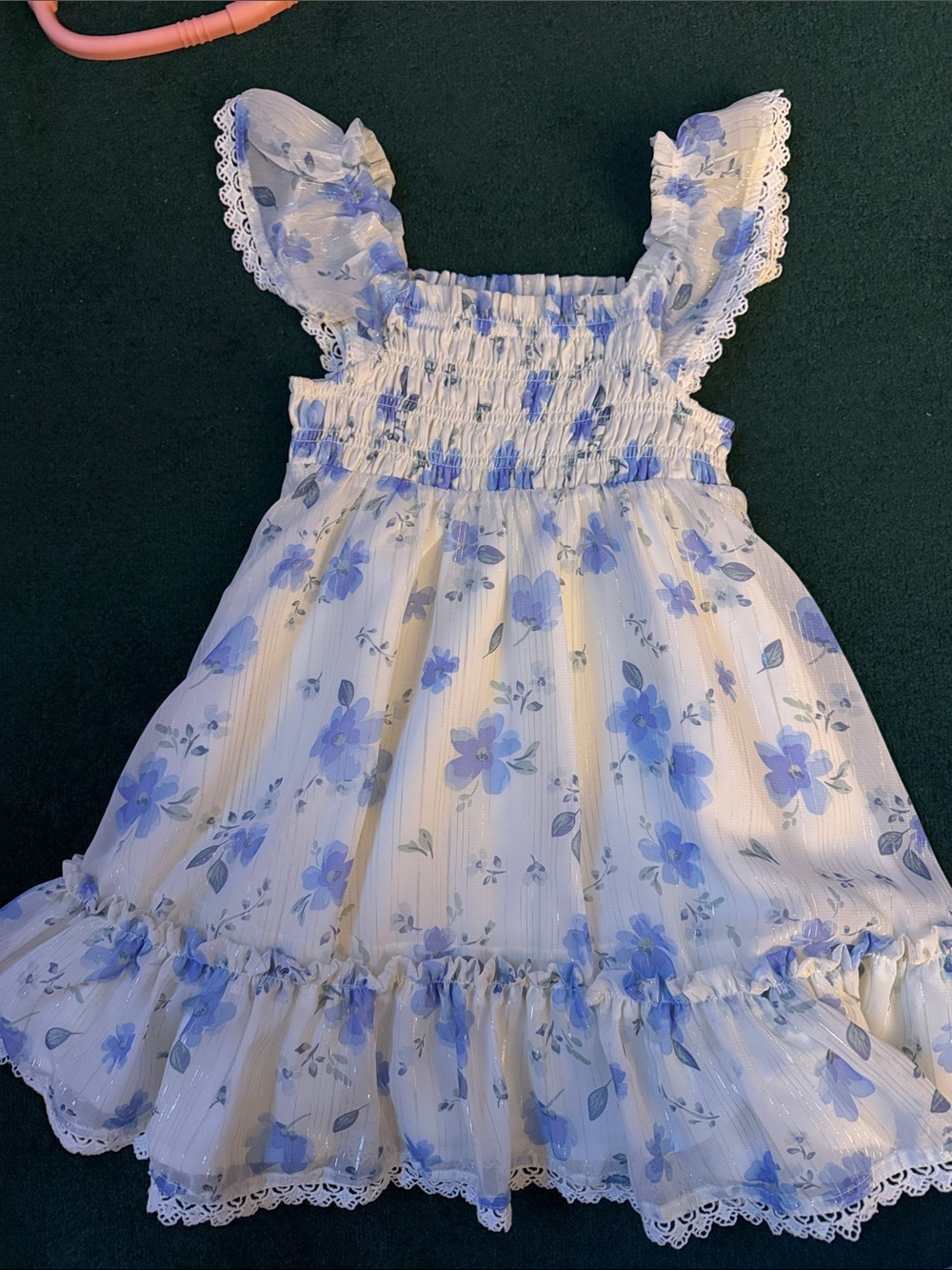 Rachel Zoe White Dress with Blue Floral Print and Lace Ruffles